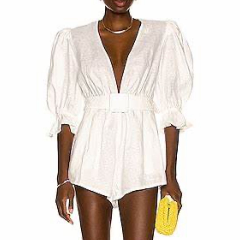 Adriana Degreas Solid Playsuit Linen Romper White Size M NEW with Tag No Belt